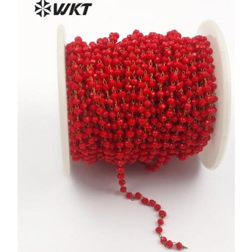 WT-RBC049 Light Red Color Beads Chain Tiny Faceted Beads In Gold Wire Wrapped Rosary Chain Handmake Women Necklace Jewelry