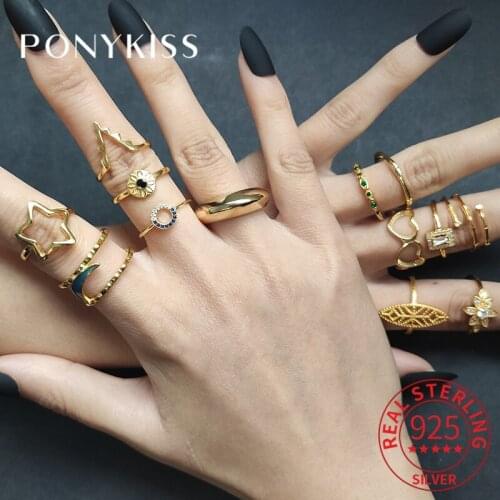 PONYKISS Trendy S925 Sterling Silver Zircon Adjustable Geometry Gold Ring for Women Fine Jewelry Accessory Party Girls Gift