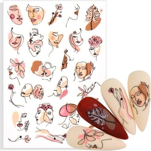 1 Sheet Abstract Face Nail Stickers Black Leaves Flowers Decals Foils Water Transfer Sliders For Manicure Nails Art Decorations