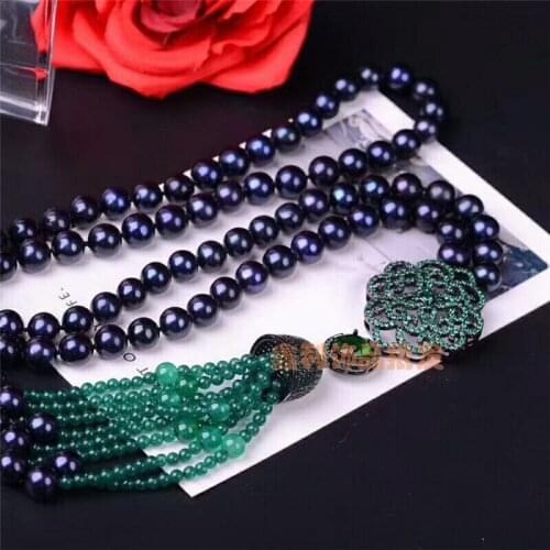 AAA 8-9mm natural tahitian black pearl necklace buckle long chain flower necklace green jade tassel hanging 30inch