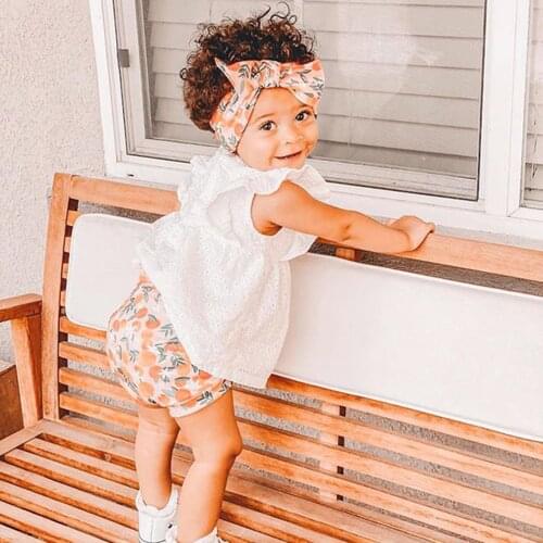 OPPERIAYA Kids Baby Girls Two-piece Summer Clothes Casual Set White Solid Color Fly Sleeves Round Collar Tops and Flower Shorts