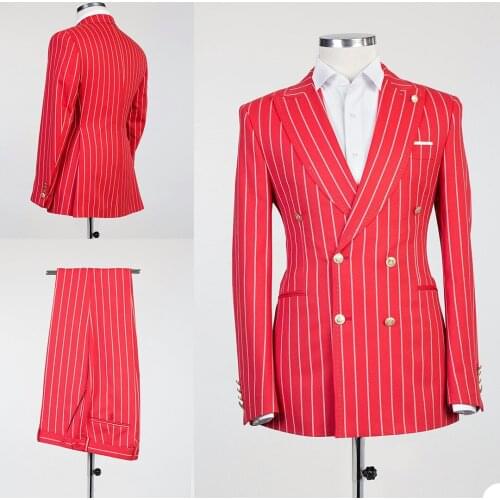 Double Breasted Red Stripe Mens Suits Groom Wear Slim Fit Wedding Blazer Tuxedos Formal Business Prom Pants (Jacket+Pants)