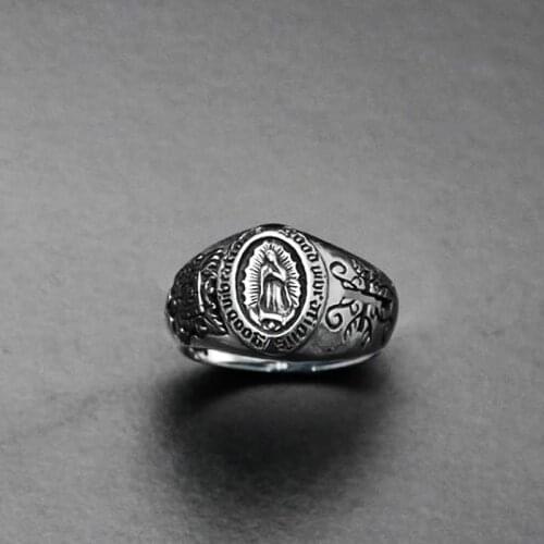 European and American Vintage Catholic Virgin Mary Cross Metal Ring Religious Style Prayer Jewelry for Men