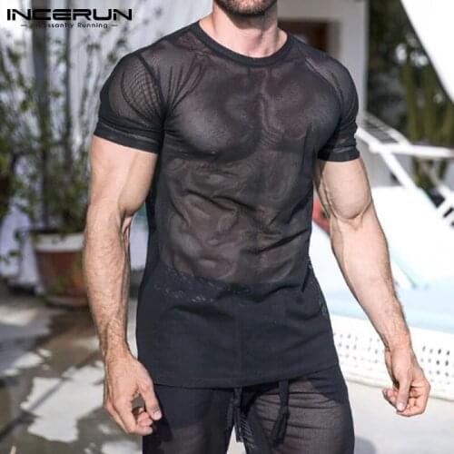INCERUN Sexy Leisure Tops 2021 Fashionable New Mens Handsome Party Nightclub Tees Breathable Mesh Short-sleeved T-shirt S-5XL