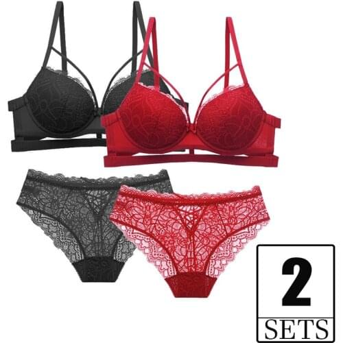 2 Pieces Sets Hollow Out Women Lingerie Push Up Bra And Panty Set Lace Embroidery Sexy Bras Thong Underwear Plus Size Black Red