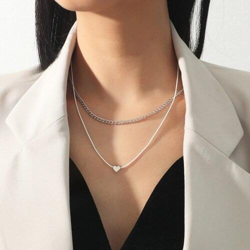 Fashion Simple Silver Color Heart Pendant Necklace Punk Hip Hop Womens Double Layer Choker Creative Party Jewelry Accessories
