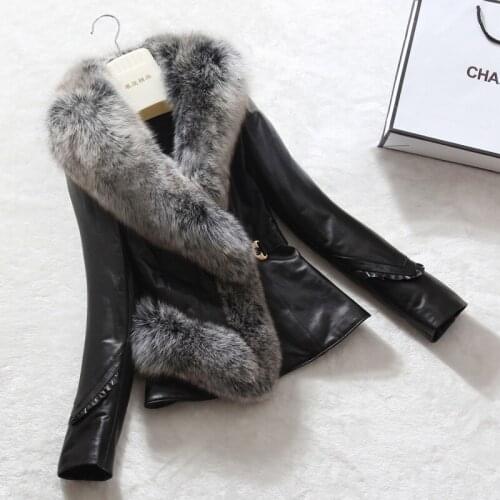 Fashion Genuine Sheepskin Leather Jackets Down Cotton Coat Female Fox Fur Collar Womens Winter Jacket Mulheres Casacos Zjt1307