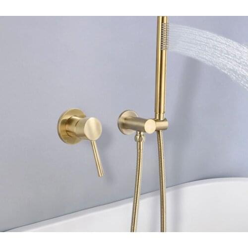 Brushed Golden Brass Bathroom Shower Set Wall Mounted Cold And Hot Water Mixer Faucet With Handheld Shower Head