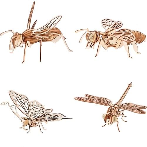 Dr. Engine 4pcs kit DIY Wooden Puzzle Model Insects Assembly Kit Stereo Jigsaw Crafts - Bee Large Dragonfly Butterfly Wasp