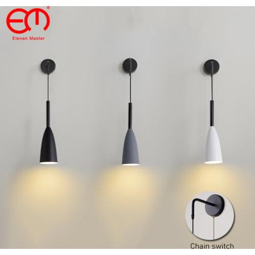 Iron Wood With Chain switch Nordic Black E27 Wall Light Fixture Lampara Pared Stairs Led Light Lamps for Home Lampara De Pared