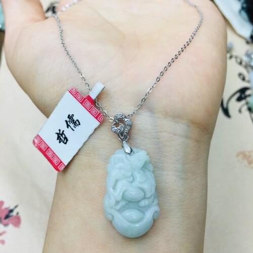 Natural Burmese Ajadeite Carved Zodiac Horse Pendant with 925 sterling silver necklace Elegant lady jade clavicle chain