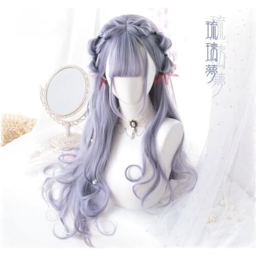 70cm Harajuku Lolita Long Curly Hair Synthetic Wig Japanese Kawaii Wigs Cute Sweet Dolly Halloween Party Cosplay Hairpiece + Cap