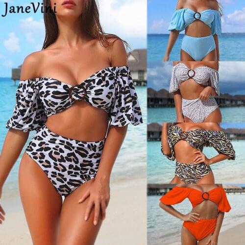 JaneVini 2021 Sexy Leopard Swimming Suit for Women Two Piece High Waist Bikinis Set Push Up Female Swimwears Beach Bathing Suits