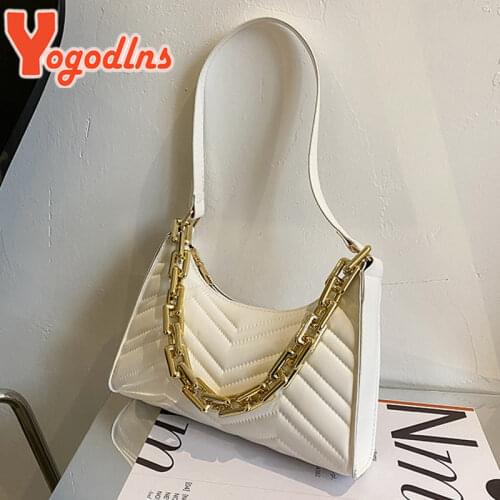 Yogodlns Fashion Chains Shoulder Bag PU Leater Embroidery Thread Armpit Bag Designer Baguette Bag Trendy Lady Handbag Purse sac