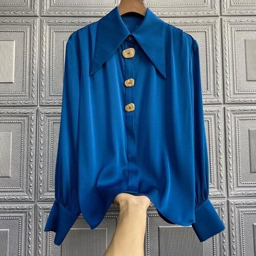 Mulberry Silk Top Silk Shirt Women Blue Print Collar Spring Summer Fashion Solid Color Loose Long-sleeved Top Silk Shirt