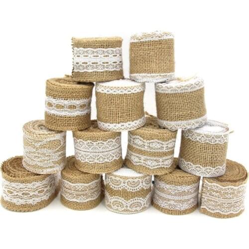 2m 5cm Natural Jute Burlap Ribbon Vintage Wedding Decoration DIY Material 2" Hessian Ribbon With White Lace For Cup/Gift Package