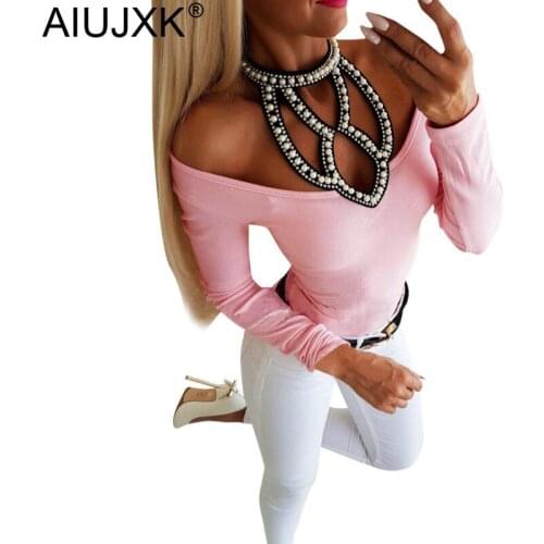 AIUJXK Long Sleeve Off Shoulder Halter Beading T Shirt Women Autumn Winter Casual Hollow Out Tshirt Ladies Slim Fashion Clothes