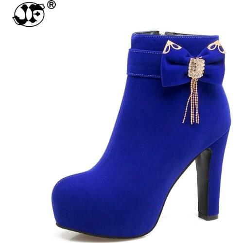 2019 Large Size 32-43 Platform Bow Women Shoes Woman Fashion High Heels Winter Ankle Boots female Footwear Black Blue yhj89