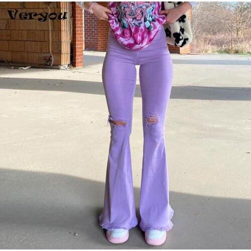 Women Denim Flared Pants High-waisted Version with Hollow Solid Color Tight Summer Female Jeans Wide Leg Pants for Daily Wear