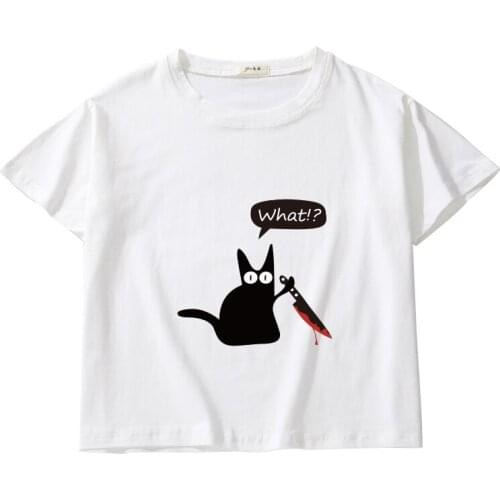 Cute Cat Printing Women Summer Crop Tees Breathable Cotton Top Kids Short Sleeve Casual Short Tops Girl O-Neck T-Shirt