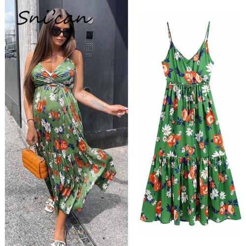 Green Floral Strap Dress Deep V Neck High Waist Oversize Casual Ruched Ruffle Ladies Midi Dresses Za 2021 Women Robe Vestidos