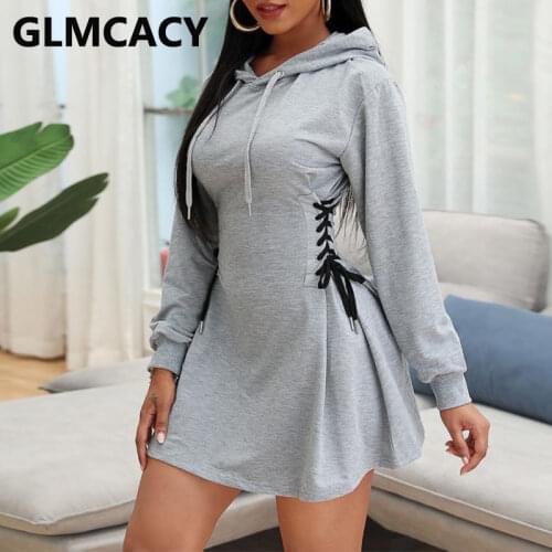 Women Casual Solid Hooded Dress Lace Up Waist Side Corset Dress