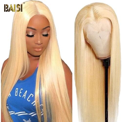 BAISI Brazilian Lace Front Human Hair Wigs Pre Plucked Straight 613 Lace Front Wig 4x4 Lace Closure Wig Honey Blonde 613 Bob Wig