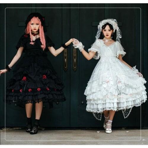Elegant princess sweet lolita dress vintage lace bowknot V-neck falbala rose victorian dress kawaii girl gothic lolita op cos