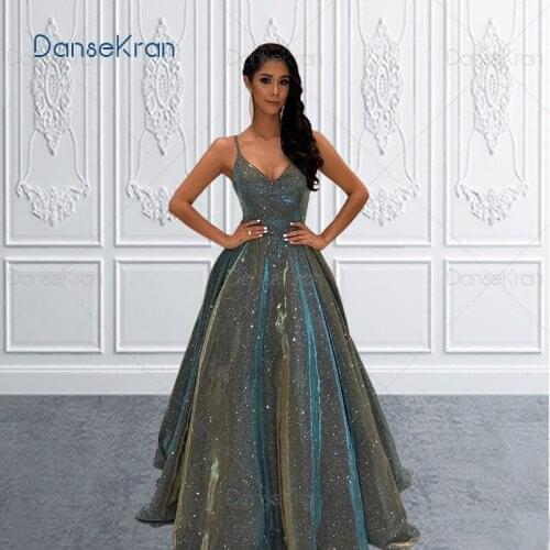 Elegant V-Neck Shiny Prom Dresses 2021 Spaghetti Straps Sparkly Evening Dresses Zipper Up Back A-Line Formal Party Dresses
