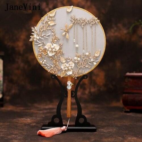 JaneVini Luxury Jewelry Chinese Style Wedding Bouquet Fan Type Handmade Beaded Pearls Metal Round Hand Flower Fan for Bride 2019