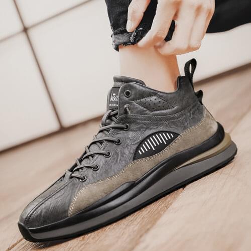 Genuine Leather Mens Sneakers High Quality Fashion Skateboard Shoes Rubber Thick Bottom Mid-Top Shoes Outdoor Sport Men Shoes