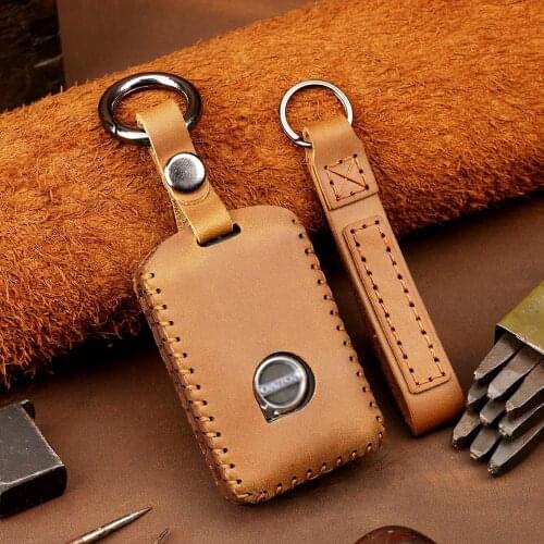 Crazy Horse Leather Car Key Case For Volvo leather Button Smart Keychain Remote Fob Shell