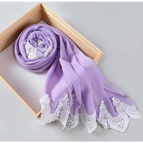 Trendy Premium Heavy Chiffon Shawl Wrap For Women Muslim Hijabs Beautiful Embroidery Lace Scarf Headwear Solid Islam Headscarf