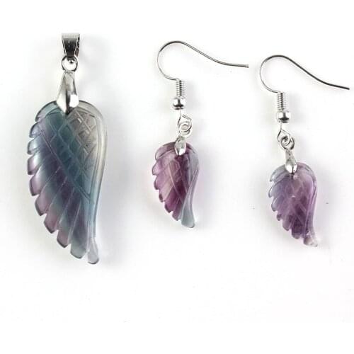 Trendy-beads Popular Silver Plated Flying Angel Wings Pendant Fluorite Stone Earrings Fashion Jewelry Sets