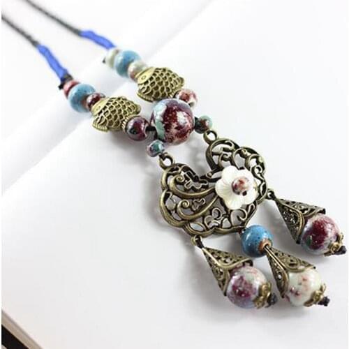 Retro Fashion Ceramic Beads Tassel Necklaces Pendant Jewelry For Women Ethnic Style Long Sweater Chain Necklace