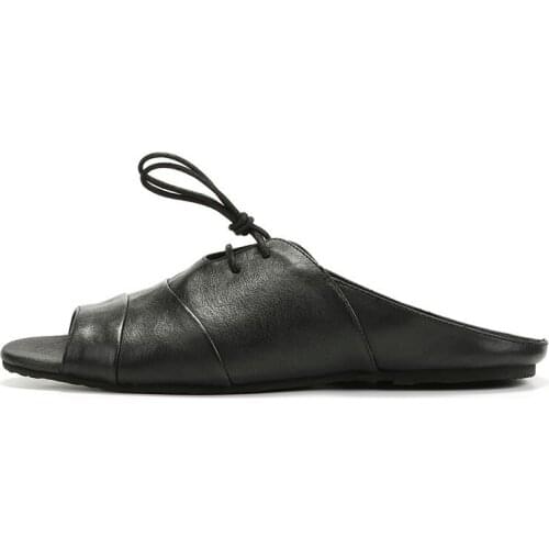 High Quality Leather Vintage Slip On Slippers Mens Summer Rome Shoes England Style Brand Classic Open Toe Flat Sandals Black