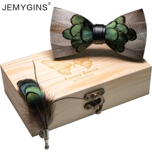 JEMYGINS original brand peacock feather bow tie handmade green bow men and women brooch gift box set wedding party accessories