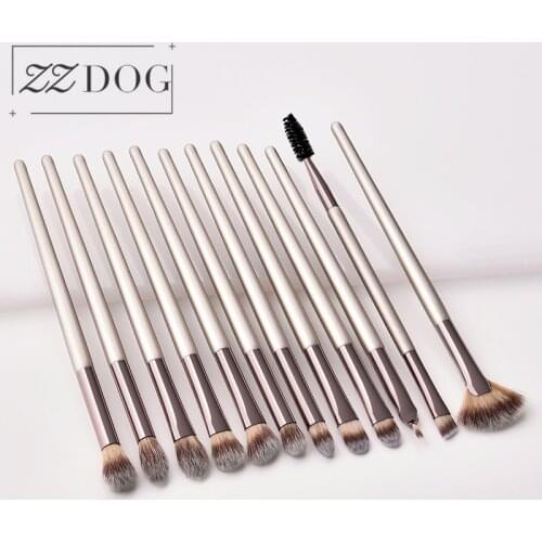 ZZDOG 12Pcs Pro Eye Shadow Highlight Eyelash Eyebrow Blending Eyeliner Makeup Brushes Set Wooden Handle Cosmetics Tools Kit