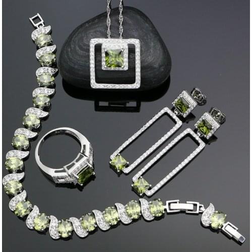 Noble 925 Silver Jewelry Sets For Women Olive Green Square Cubic Zirconia Long Earrings Pendant Ring Bracelet Necklace Set