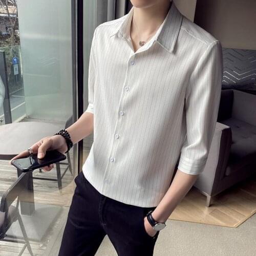 Men Short Shirts Short Sleeve Slim Black White Gray Fashion Youth 2021 Three Quarter Summer Daily Casual Shirts Solid Shirts Men