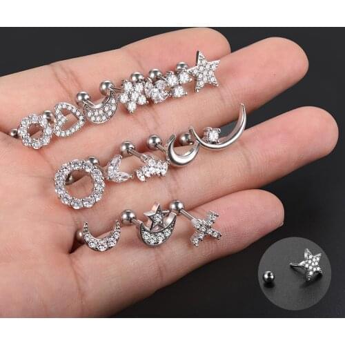 1PC Cz Moon Star Flower Cartilage Stud Helix Rook Conch Screw Back Earring 16G Stainless Steel Ear Stud Tragus Piercing Jewelry