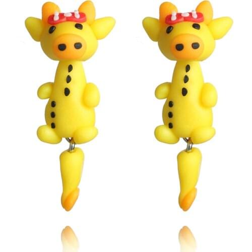Euro-American Style Lovely Cartoon Yellow Bow Cow Animal Eardrop Unique Design Handmade Jewelry Children Gifts Wholesale