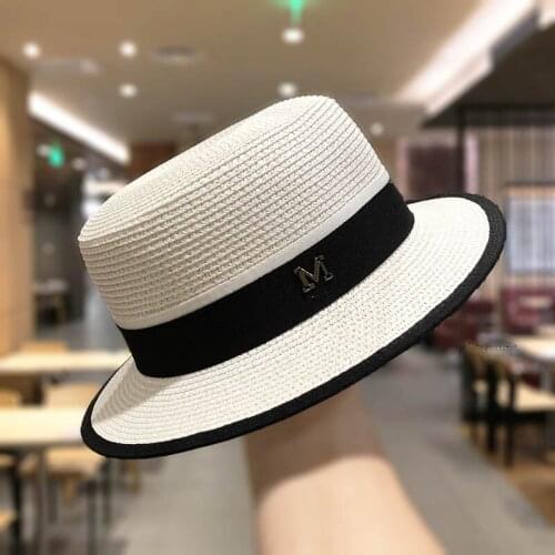 Flat Top Straw Hat Spring Summer Men And Women Trip Caps Leisure Beach Sun Hats M Letter Breathable Fashion Flower Beach Hat