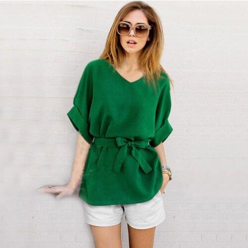 Women Summer Women Shirts V-collar Cotton Linen Female Large Size Loose Waist Short-sleeved Batwing Sleeve Soild Green Blouses