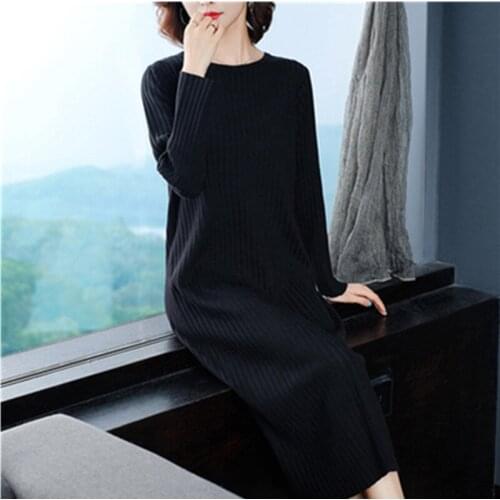 Women Dresses Autumn Winter Mid-length Pullover Sweater O-neck Long Sleeve Loose Wild 2020 New spring Dress Knitted Shirt Female