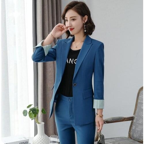 2019 new womens suit autumn solid color single buckle professional suit casual trousers two-piece temperament womens clothing