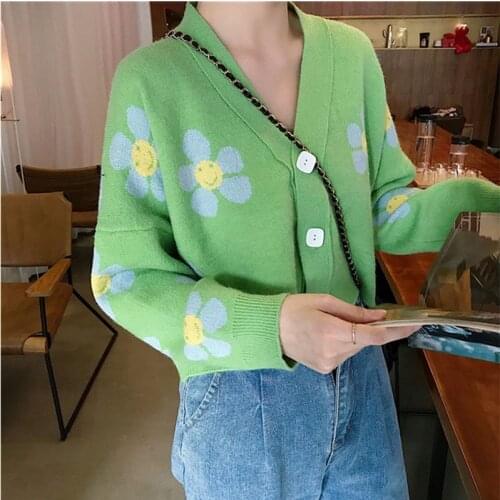 Women Y2K Knit Cardigan Floral Print V Neck Long Sleeve Button Down Sweater Knitwear Vintage Casual Open Front Knit Coat
