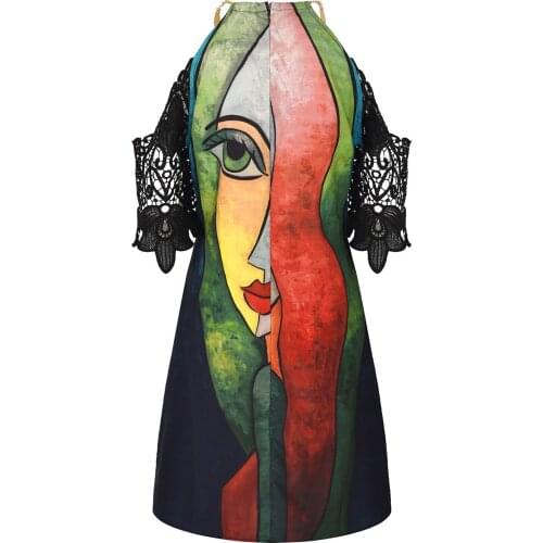 Women Dress Sexy Above Knee Abstract painting printed Lace Off Shoulder Short Sleeve Dress Summer Club Dresses Bodycon