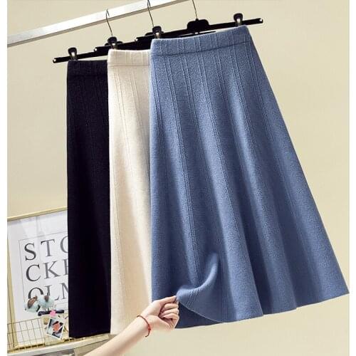 Winter Plus Size Thick Warm Big Swing Blue Sweater Skirts 3Xl Elastic Band High Waist Midi Long A-Line Knitted Skirt Women