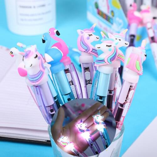 1 Cartoon Unicorn with Light Pen Creative Cute Luminous Ballpoint Pen Student Stationery Writing School Supplies Tools